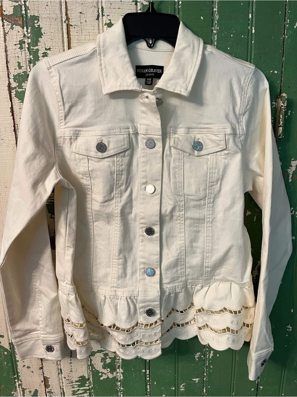 Susan Graver Cream Ruffle-Hem Denim Jacket Size XXS
